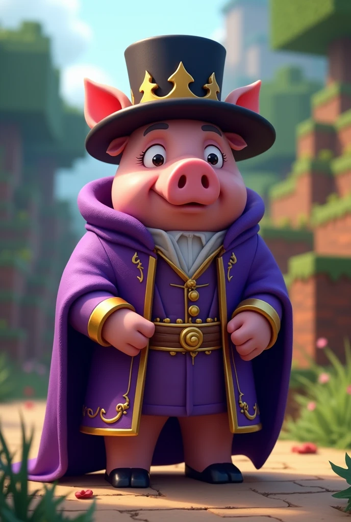 a pig in purple king clothes and black hat.cartoon style Minecraft 