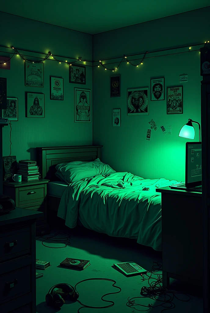 Dark teenage bedroom at night with green LED. A messy single bed