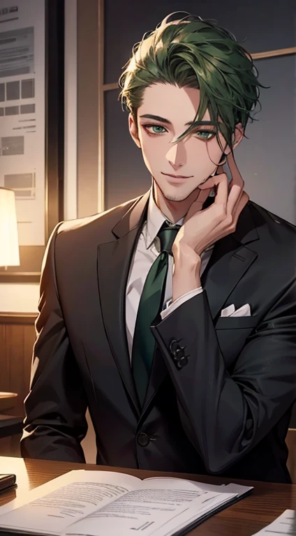 (Highest quality,4K,8K,High resolution,masterpiece:1.2),Super detailed,(Realistic,photoRealistic,photo-Realistic:1.37),1 person,34 years old,Mature Men,Beautiful skin、very handsome,Expressionless smile in love,Short green hair,green eyes,Sharp Eyes,A perfect face without a doubt,Businessman, CEO, Office Background,Cinema Lighting,HDR image,tie、