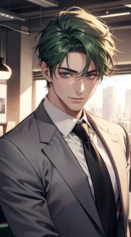 (Highest quality,4K,8K,High resolution,masterpiece:1.2),Super detailed,(Realistic,photoRealistic,photo-Realistic:1.37),1 person,34 years old,Mature Men,Beautiful skin、very handsome,Expressionless smile in love,Short green hair,green eyes,Sharp Eyes,A perfect face without a doubt,Businessman, CEO, Office Background,Cinema Lighting,HDR image,tie、