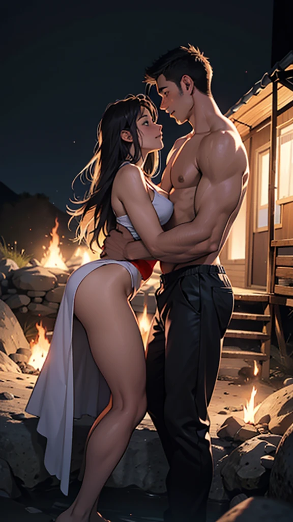 A couple is romancing across the camp on the mountain. The women are without clothes and have big hips. It is night and a fire is burning.