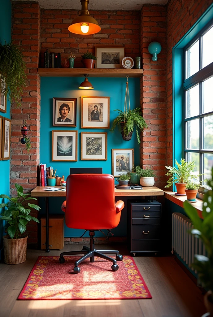 Small home office with giant blue red light yellow brick walls
