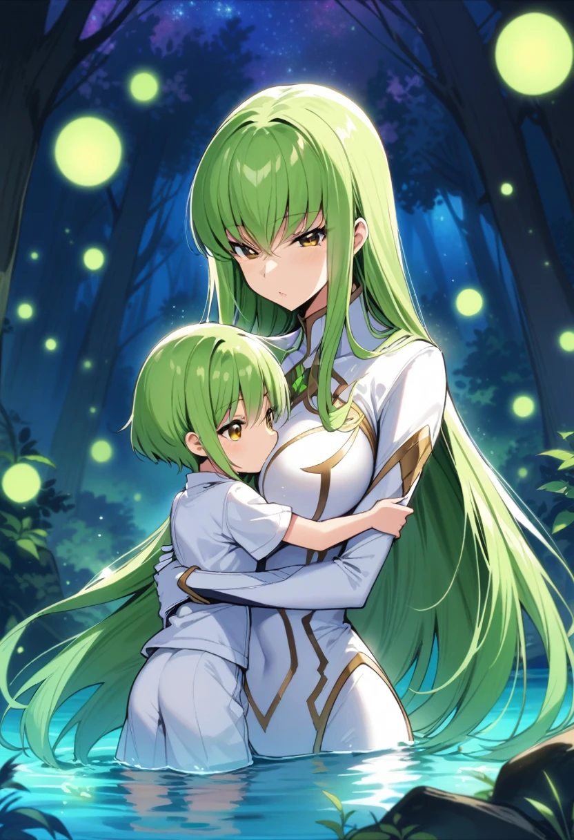(mother and daughter, age_difference,size_difference), listening to the heartbeat , hugging each other, , masterpiece, best quality, very aesthetic, absurdres, ,c.c(code_geass), mature mother and cute daughter, crossed_bangs, eyes_visible_through_hair, green_hair, medium_breasts, straight_hair, very_long_hair, yellow_eyes, white_footwear, white_gloves, white_bodysuit,besides a blue lake, night sky,stars,forest,Reflections in the water,,glowing stardust frontground,fantasy,sparkling,fireflies,