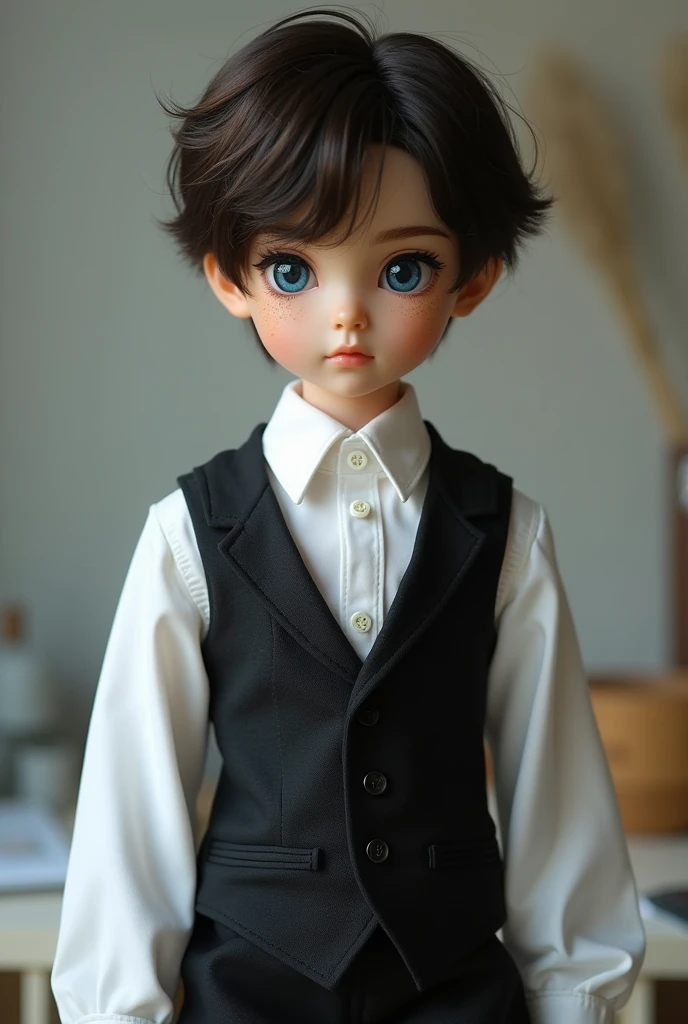Anime male porcelain doll, he is life like. He has dark brown hair, bright blue eyes and is wearing a white suit top, black vest and pants, he has a
Neutral expression with golden freckles.