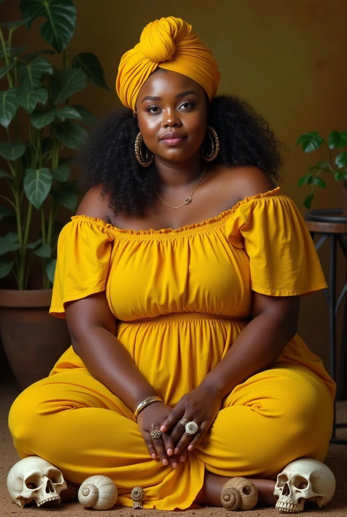 Lady between 30 and 35 years old, clear skin, sitting, chubby girl in a yellow dress, with Cuban ancestry, and yellow turban, with rings and snail shells in hand, and with skulls at the feet.