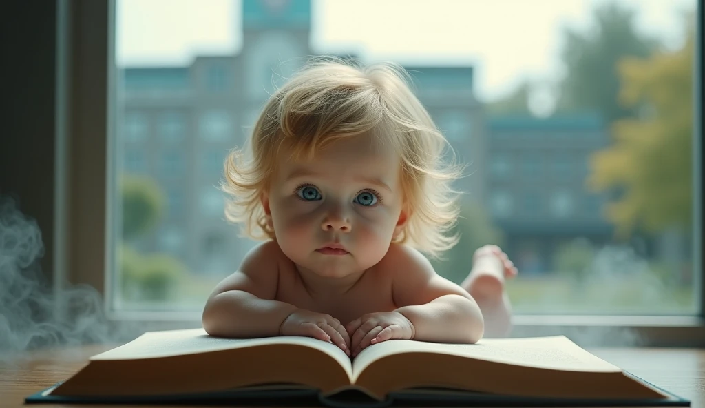 Image of a  with blue eyes and blonde hair on top of a book with a hospital in the background , hyper realistic full frame image with cinematic smoke and light shadows 