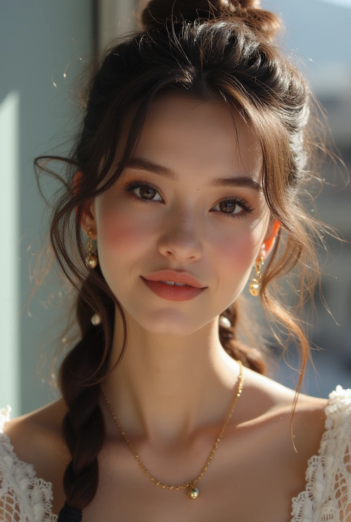 หญิงสาวสวยสะดุดตายืนอยู่ในทุ่งหญ้าอันเงียบสงบและสว่างไสวด้วยแสงแดด ด้วยร่างกายที่ดูเหมือนได้รับการปั้นแต่งโดยเทพเจ้าเอง ร่างเปลือยเปล่าของเธอปรากฏให้เห็นเต็มตัวโดยไม่มีสิ่งกีดขวางใดๆ ผมยาวสยายสีน้ำผึ้งอุ่นๆ ของเธอไหลลงมาบนไหล่เปลือยของเธอ ล้อมกรอบใบหน้าที่สมบูรณ์แบบอย่างประณีต ดวงตาของเธอราวกับสระน้ำสีเขียวมรกตที่ลึกล้ำและน่าดึงดูด เปล่งประกายด้วยประกายแวววาวที่ซุกซน ซึ่งบ่งบอกว่าเธอรู้ดีว่าเธอมีผลกระทบอย่างไรต่อผู้ที่จ้องมองมาที่เธอ ผิวของเธอซึ่งเป็นผืนผ้าใบพอร์ซเลนที่ไร้ที่ติพร้อมสีชมพูอ่อนๆ เปล่งประกายในอ้อมกอดอันอ่อนโยนของแสงยามเช้า หน้าอกที่อวบอิ่มและเย้ายวนของเธอตั้งตระหง่านอย่างสง่าผ่าเผย แอริโอลาสีชมพูและหัวนมที่ตั้งตรงตั้งตรงราวกับเชื้อเชิญให้ผู้ชายสัมผัสเบาๆ ส่วนโค้งที่นุ่มนวลและยืดหยุ่นของเอวของเธอเปิดทางให้กับสะโพกที่ใหญ่โตซึ่งดูเหมือนจะเรียกร้องให้ผู้ชายสัมผัส ระหว่างขาทั้งสองข้างของเธอ มีผมสีเข้มที่ตัดแต่งอย่างประณีตซึ่งตัดกับผิวสีขาวซีดของเธออย่างโดดเด่น แสดงให้เห็นถึงความลึกลับที่น่าดึงดูดใจที่ซ่อนอยู่ภายในตัวเธอ ภาพแห่งความสง่างามและความเซ็กซี่ของผู้หญิง เธอยืนโดยงอขาข้างหนึ่งเล็กน้อย ดึงดูดความสนใจไปที่ต้นขาที่ยาวและกระชับของเธอและเงา V ที่สัญญาว่าจะมอบความสุขที่ไม่รู้จบให้กับเธอ ท่าทางของเธอผ่อนคลายแต่ก็สง่างาม ราวกับว่าเธอรู้ตัวดีว่าเธอคือผู้หญิงที่สวยที่สุดในโลกและดื่มด่ำกับพลังแห่งความงามของตัวเอง พื้นหลังเป็นภาพเบลอๆ ของสีเขียวและสีทองสดใส ทำให้โฟกัสอยู่ที่เธอเพียงคนเดียวในขณะที่เธอยืนอยู่ต่อหน้าผู้ชม ซึ่งเป็นตัวแทนการสร้างสรรค์ที่น่าดึงดูดใจที่สุดของธรรมชาติ