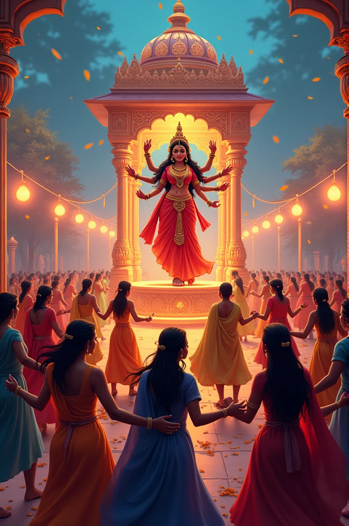 How about illustrating the festival of Navratri? You could create a dynamic scene of people dancing the Garba around a beautifully decorated statue of Goddess Durga. Feature the vibrant traditional attire, colorful decorations, and the festive ambiance of the event. Including elements like dandiya sticks, traditional lamps, and a decorated mandap (pavilion) would help convey the cultural richness and energy of the festival.