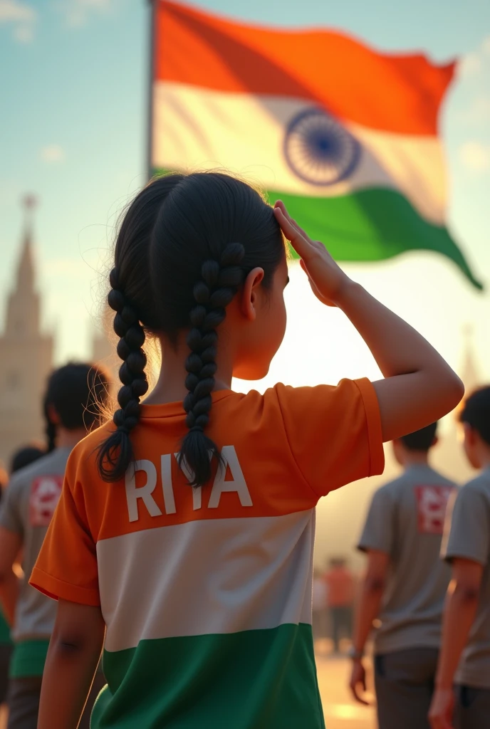 A young girl salute to tiranga flag
She is wearing a tricolor (tiranga) t-shirt.
The back of the t-shirt displays the Indian flag.
The back of the t-shirt has the name "RIYA" written in bold letters.
The girl is offering a salute to the Indian flag, either held by someone else or displayed on a flagpole.