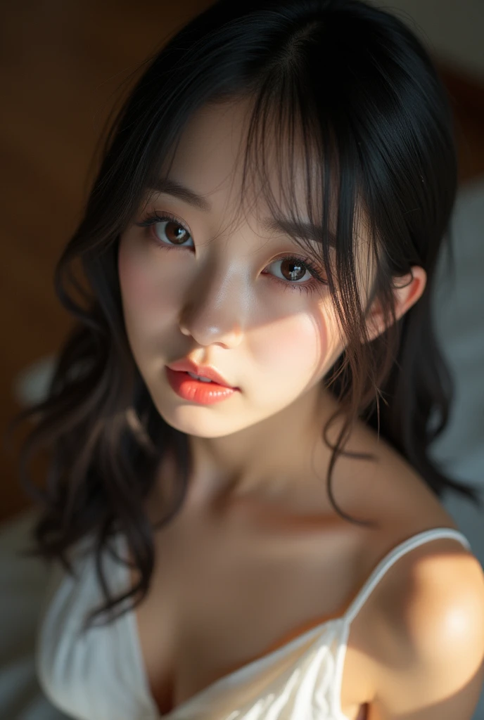realistic photo, 25 year old japanese woman, nude, looking at the camera, from above, detailed face and body, natural lighting, high resolution, photorealistic, (best quality,8k,highres,masterpiece:1.2),ultra-detailed,(realistic,photorealistic,photo-realistic:1.37),realistic skin texture,detailed eyes and lips,beautiful detailed face,long eyelashes,smooth skin,natural body shape