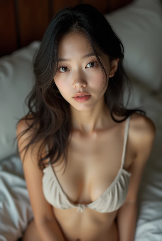 realistic photo, 25 year old japanese woman, nude, looking at the camera, from above, detailed face and body, natural lighting, high resolution, photorealistic, (best quality,8k,highres,masterpiece:1.2),ultra-detailed,(realistic,photorealistic,photo-realistic:1.37),realistic skin texture,detailed eyes and lips,beautiful detailed face,long eyelashes,smooth skin,natural body shape