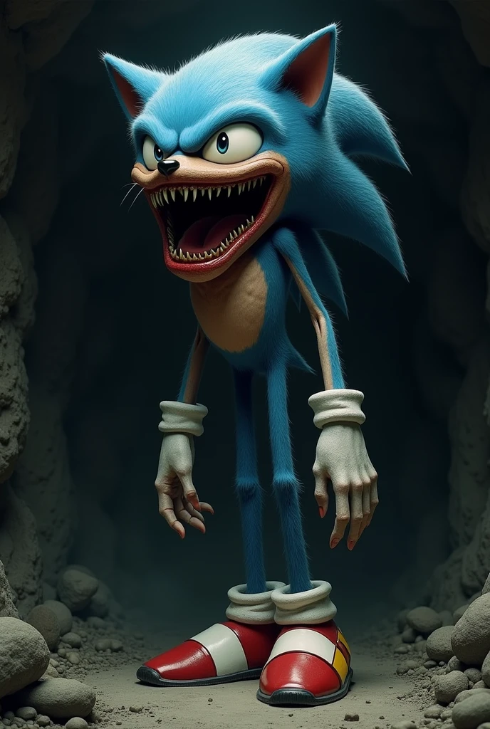 Draw a long, skinny, scary Sonic with an extremely open, dark mouth with two black dots as eyes in a dark room
