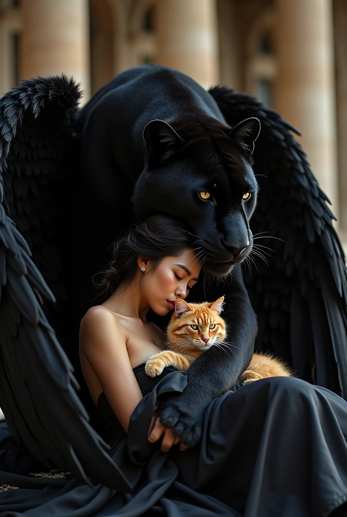 a intense kindness Asian thai woman 29yo.,wavy mullet hair, enigmatic, is dressed as a Greek-Roman angel with pitch-black wings, exuding power and awe. sHe laying in hug of a massive strong black panther that moves with silent grace. In her arms, creating a tender contrast against the dark roman architecture backdrop, highlights the juxtaposition of the imposing panther and she hug a chubby orange cat, blending power with tenderness and mystery