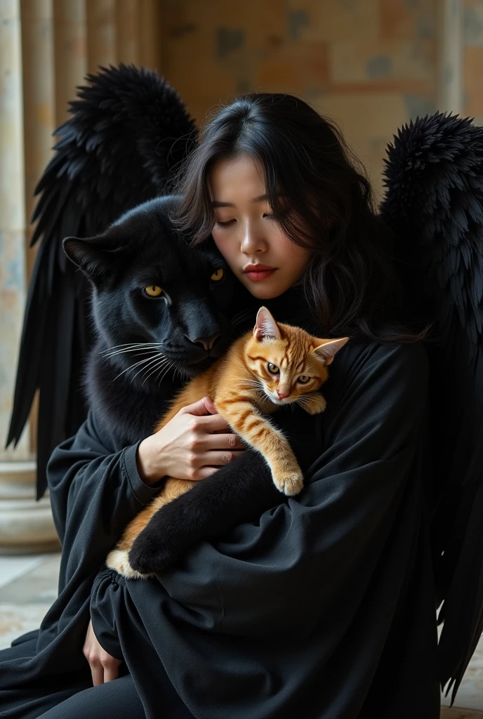 a intense kindness Asian thai woman 29yo.,wavy mullet hair, enigmatic, is dressed as a Greek-Roman angel with pitch-black wings, exuding power and awe. sHe laying in hug of a massive strong black panther that moves with silent grace. In her arms, creating a tender contrast against the dark roman architecture backdrop, highlights the juxtaposition of the imposing panther and she hug a chubby orange cat, blending power with tenderness and mystery