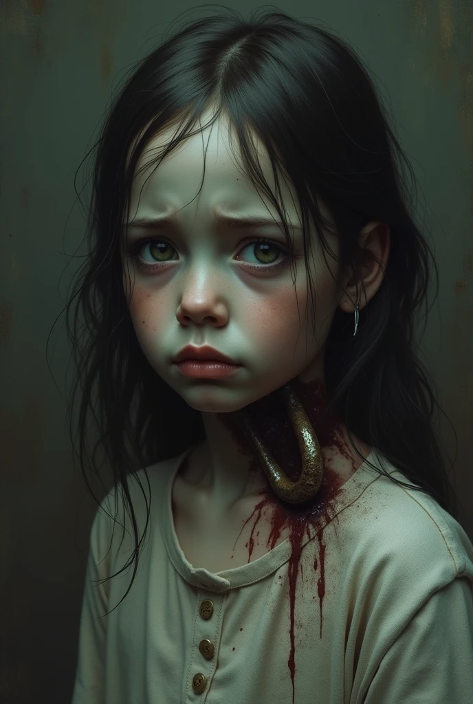 A girl with a hook in her neck