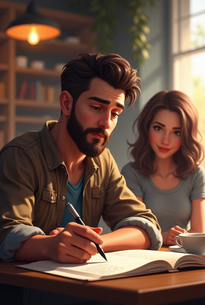 A man with short dark brown hair, short beard, thick, holding a pen, editing text on paper, sitting near a woman with long brown hair, shoulder length, wearing a T-shirt, coffee shop atmosphere., realistic, digital art