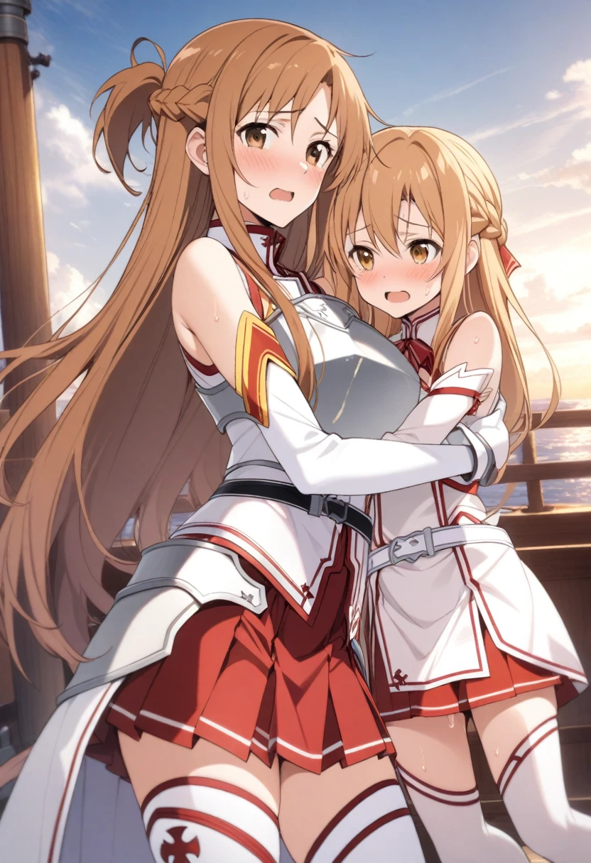 (mother and daughter, age_difference,size_difference), listening to the heartbeat , hugging each other,(Cum on body), embarrassed,blush,tears in eyes, sweat, , masterpiece, best quality, very aesthetic, absurdres, ,asuna_(sao), sword_art_online, brown_eyes, brown_hair, long_hair, very_long_hair, braid, french_braid,armor, armored_dress, breastplate, white_armor, belt, white_belt, dress, white_dress, detached_sleeves, elbow_gloves, gloves, sleeveless, sleeveless_dress, miniskirt, pleated_skirt, red_skirt, skirt, thighhighs, white_thighhighs, zettai_ryouiki,,on a ship,floating_hair,
