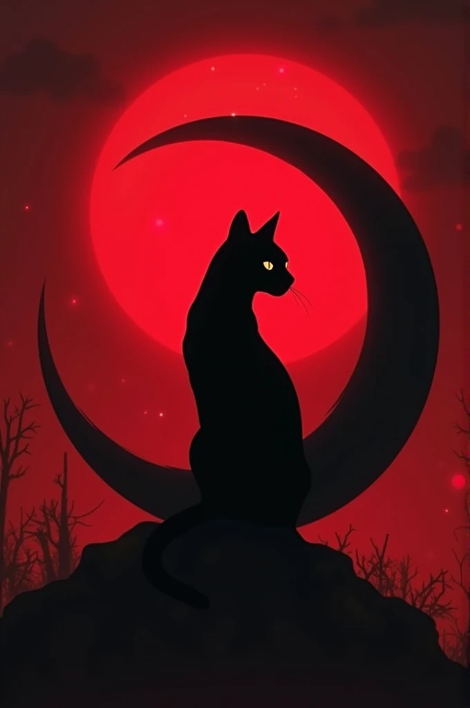 Create a blood red background image with a cat whose body forms a circle representing a moon, the cat has to be black. The essence of the image is to represent a guild called full moon catsCreate a blood red background image with a cat whose body forms a circle representing a moon, the cat has to be black. The essence of the image is to represent a guild called full moon cats