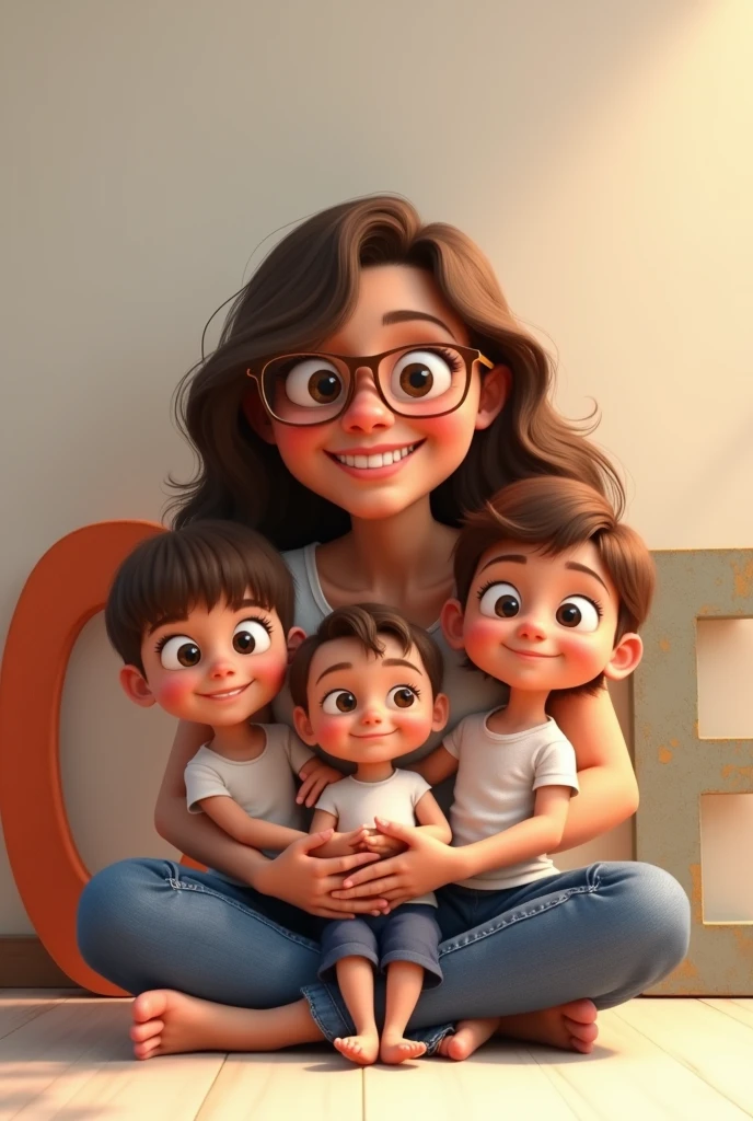 Create a Pixar animation style family portrait, featuring a mother with three young children. The mother has long, wavy hair, wear glasses, a white sleeveless blouse and blue jeans. She is holding a baby in her arms, who is wearing a white t-shirt and dark blue shorts, smiling warmly. The two oldest children, um menino e uma , are sitting on the floor in front of her. The boy has short hair, wear glasses e está vestido com uma camisa branca e jeans azul, with a cheerful expression. A has shoulder length hair with a bow, wearing a white shirt with ruffled sleeves and a denim skirt, softly smiling. The background is neutral and soft in tone., with large decorative letters forming the word 'ONE' placed behind the children. The entire scene must have vibrant colors., expressive expressions and warm lighting typical of Pixar animations.