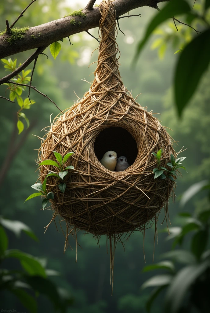 Generate an image of a Weaver Bird’s nest. The nest should be a complex, intricately woven structure made from grasses and plant materials, suspended from a tree branch or reed. Emphasize the craftsmanship of the nest with detailed weaving patterns. Include natural surroundings like leaves and branches to provide context and enhance the realism of the scene."