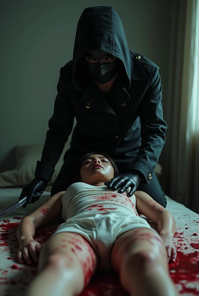 korean girl, (behind naked corpse, holding knife), leather mask, leather gloves, room full of blood, black raincoat, holding knife, leather gloves, woman on top, behind corpse, blood splatter, on the bed, mass murderer, killer, blood splatter, dark atmosphere, cinematic lighting, atmospheric realistic, light from the window, close-up,