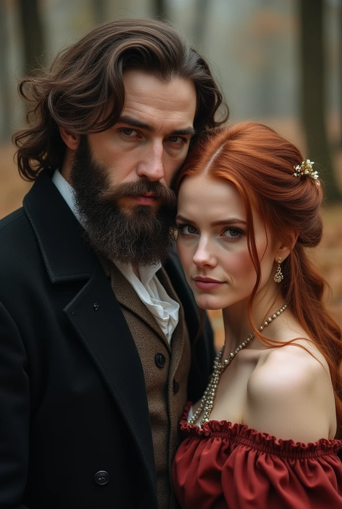 period romance 19th century period clothing featured: Big man, dark-haired man with beard and woman with loose dark red hair in the background a forest of neutral and warm colors
