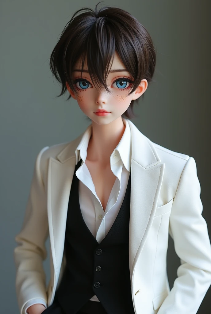 Anime male porcelain doll age 25, he is life like. He has dark brown hair, bright blue eyes and is wearing a white suit top, black vest and pants, he has a 
Neutral expression with golden freckles. 