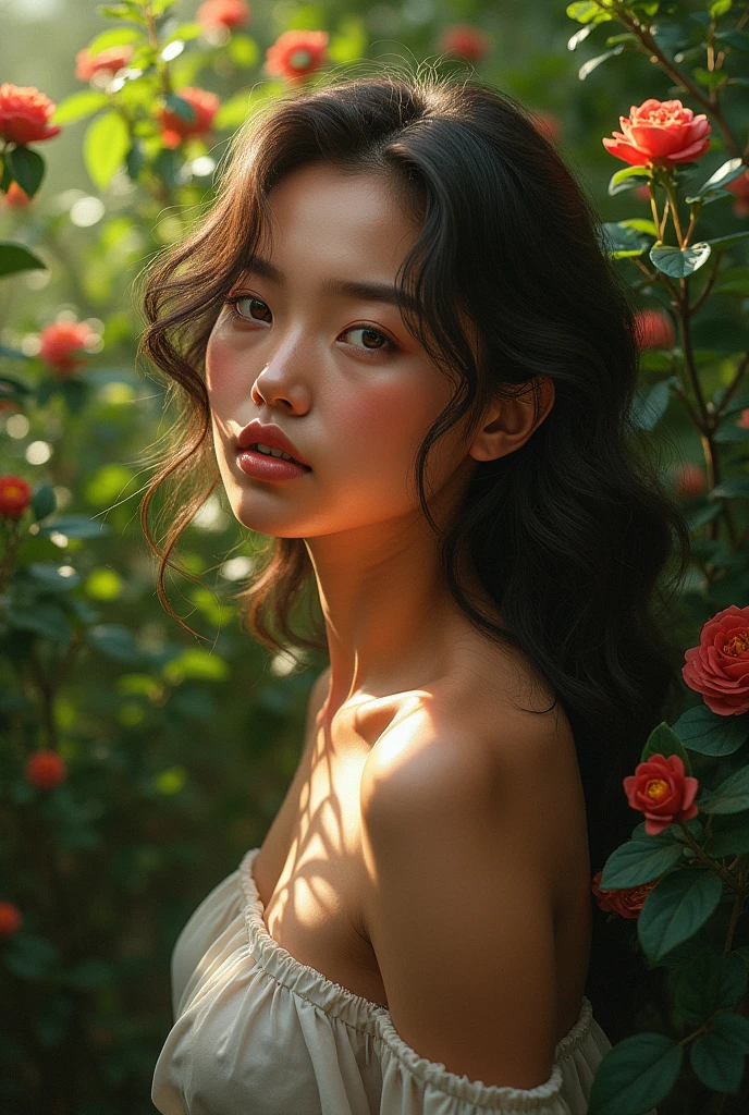 Design a portrait of a woman standing in a lush garden filled with vibrant greenery and colorful flowers. Use studio lighting to create a dramatic contrast between light and shadow, and bring out the full range of colors in her skin and hair.
