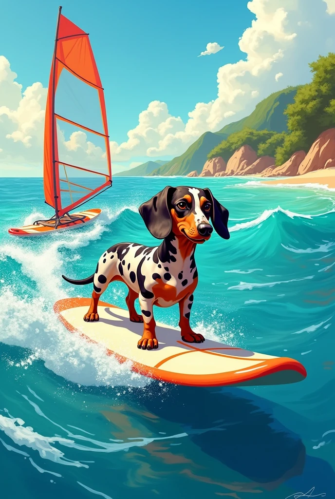 Illustration of a harlequin dachshund (the one with spots) windsurfing