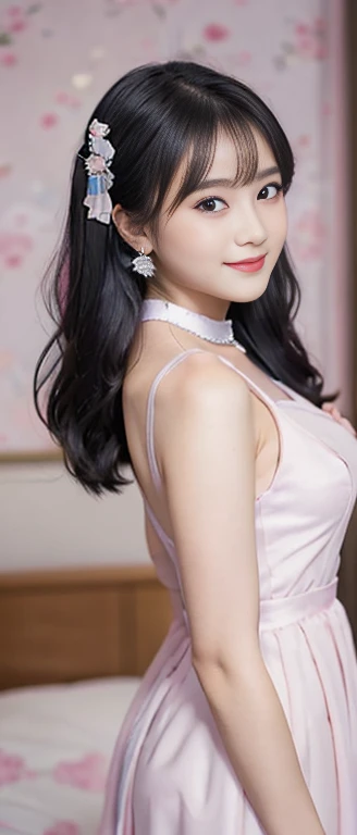 Beautiful, cute baby Face, russian lolita Girl,e eyes, high ponytail hair, black hair, hair ornaments, wearing sexy pink mini kebaya dress, micro skirt, Rounded medium Breast, cleavage cutout, slightly Chubby , luxury necklace, White Skin, Smiling, bedroom Background, full body portrait, high heels, Perfect Potrait, Bokeh Effect, Look at Viewer, Armpit, Perfect Eye, Perfect Hand, Perfect Finger, Bracelet, Ring, ((adorable:1.2)), ((masterpiece:1.1)), ((bokeh:1.2)),two 18 year old tween girls trying on cute clothes, two close friends, colored hair, collar, skinny body, detailed pupils, beautiful face, perfect faces like young asian models, tattoo, touching each other, back straps, innocent expression, enticing, full body showing legs, garter with stockings, good lighting, high heels, cute glasses, kawai cosplay girls, strapped colored dresses with cutouts slits, bright playful, thin model, cute young teen girls