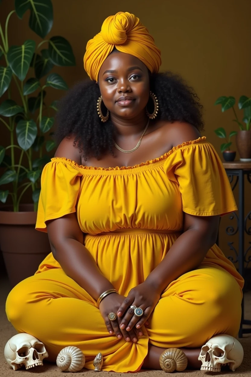 Lady between 30 and 35 years old, clear skin, sitting, chubby girl in a yellow dress, with Cuban ancestry, and yellow turban, with rings and snail shells in hand, and with skulls at the feet.