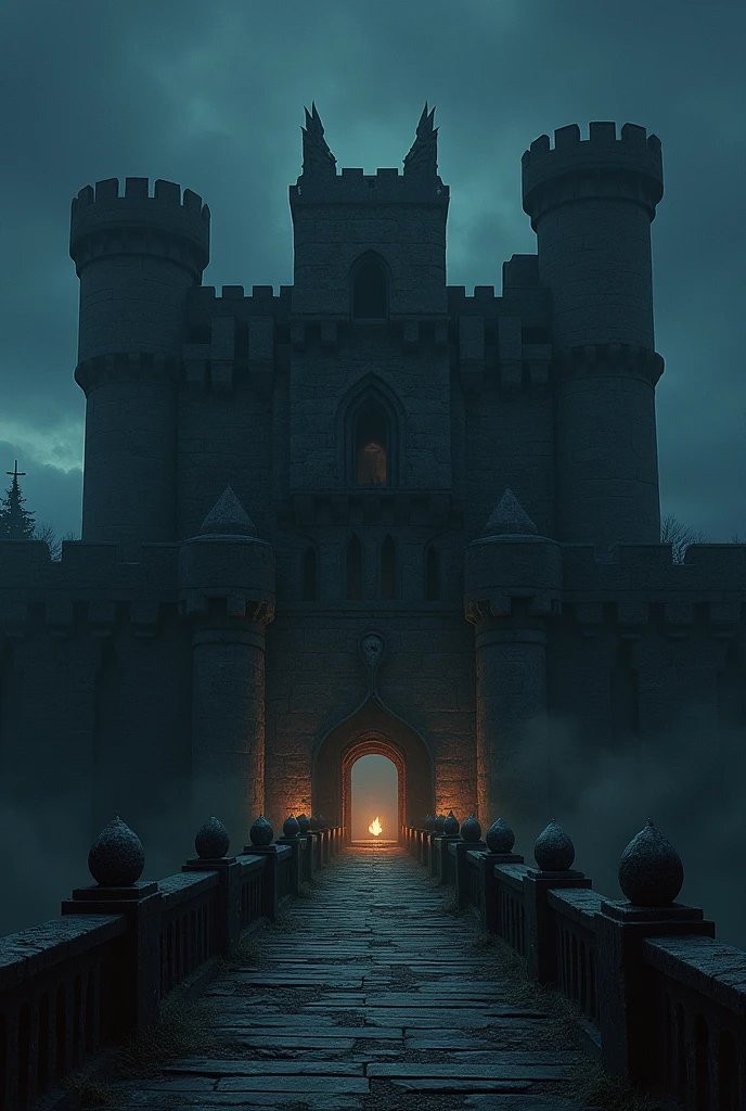 "A dark, eerie old fort at night with ancient stone walls