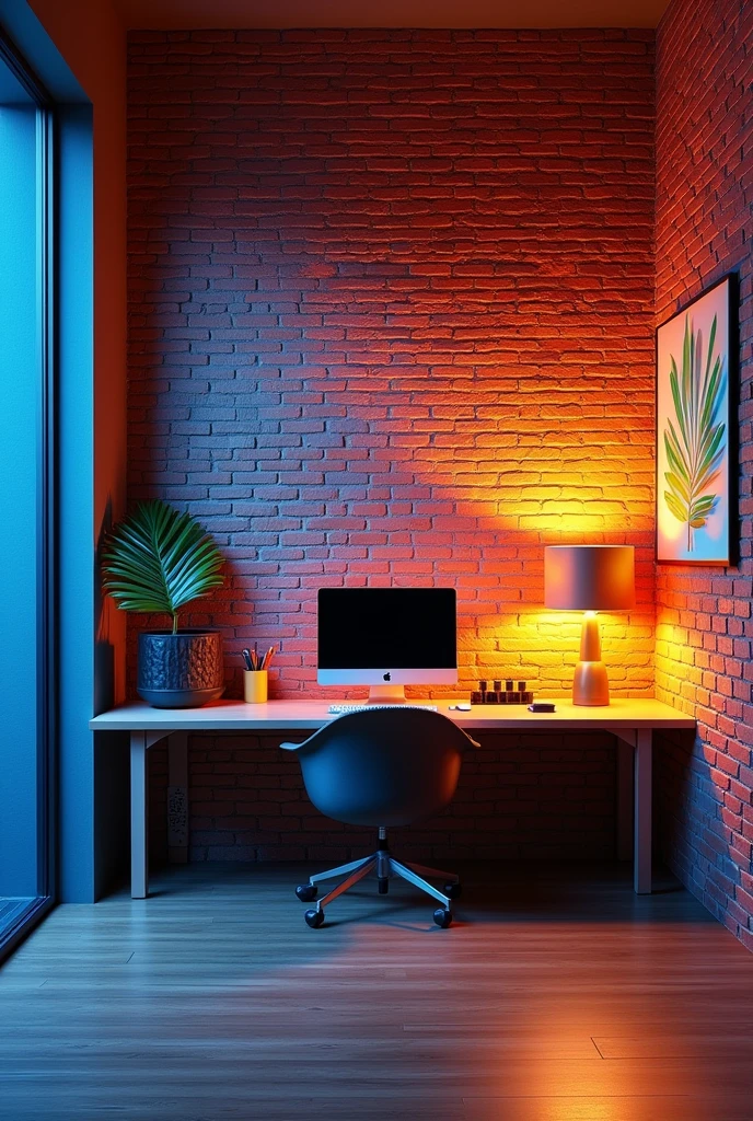 Stylish home office with giant blue red light yellow brick walls
