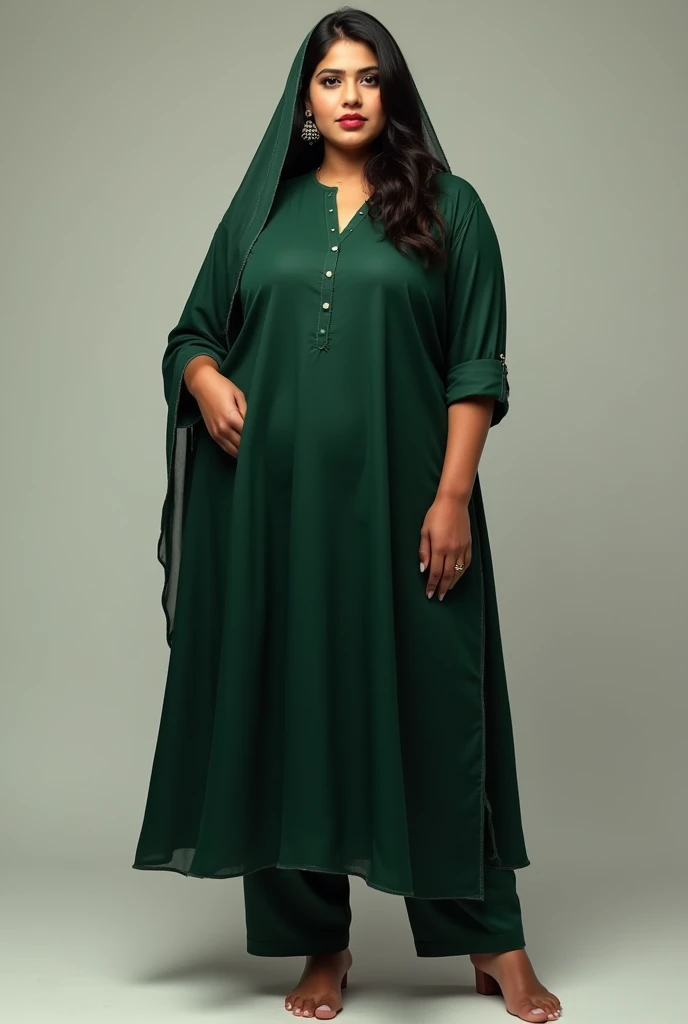 Full body, 24 year old Indian woman 6 feet height wearing a dark green kurta only, not wearing salwar,draped dupatta over head, big boobs,big hips,curvy figure,legs are nude