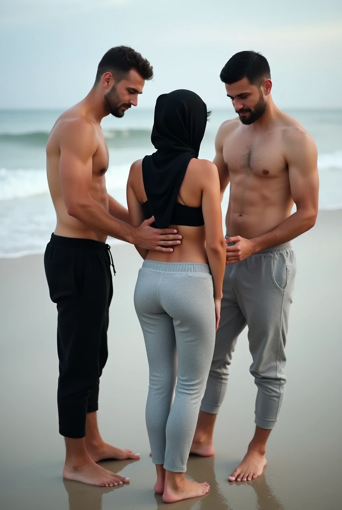 with black headscarf, grey sweatpants, barefoot woman, men touching her butt on the beach