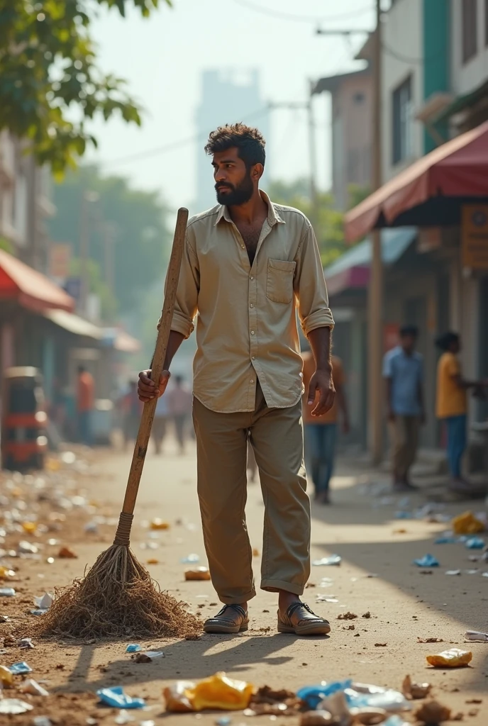 Man cleaning road sights swacha bharat abhijan 