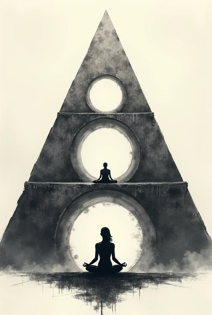 A tattoo on a sheet of paper of a large pyramid with three circles inside where the first is on top, the other below is a smaller circle and above the largest below with the outline of a person meditating in the middle of the largest circle with a more realistic texture.