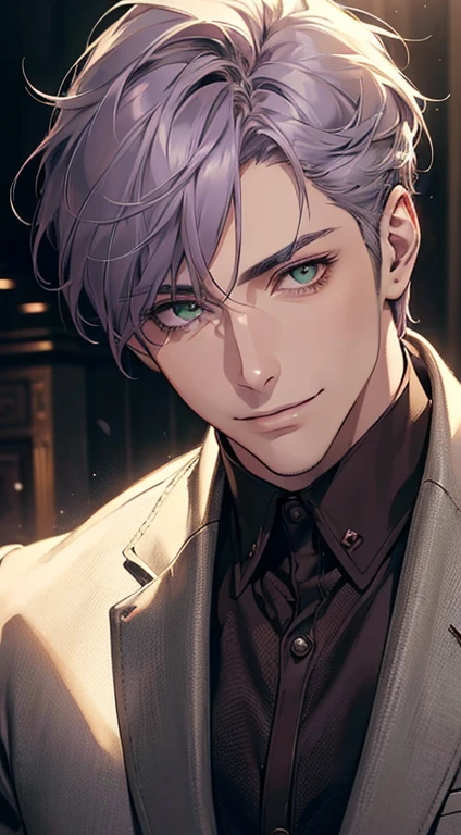 ((a mature man, very handsome, smile in love, short grey purple hair, green eyes, perfect face without errors)), ((buttoning the jacket, CEO)), (best quality, masterpiece, 8K, photorealistic, cinematic lighting, hdr image, ultra detailed, beautiful image), (portrait, detailed facial features, intricate textures, realistic skin tones, highly detailed, ultra-realistic), (warm lighting, soft shadows, dramatic lighting), (muted color palette, rich tones), (professional photography, high resolution, studio lighting)