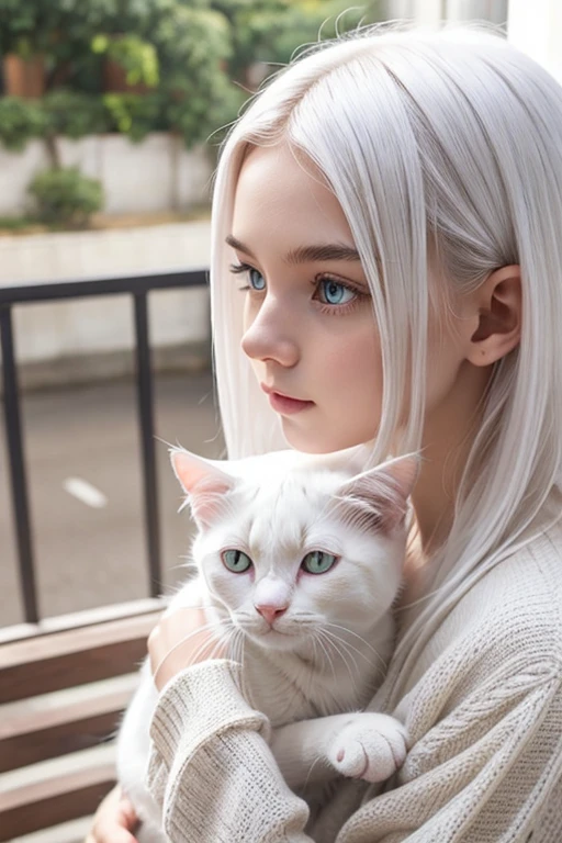 1 girl, it will be, I look at the viewer, White hair, Nothing, Cat&#39;s ears, cat tail, White shirt, open clothes, Russian city, ba-broad