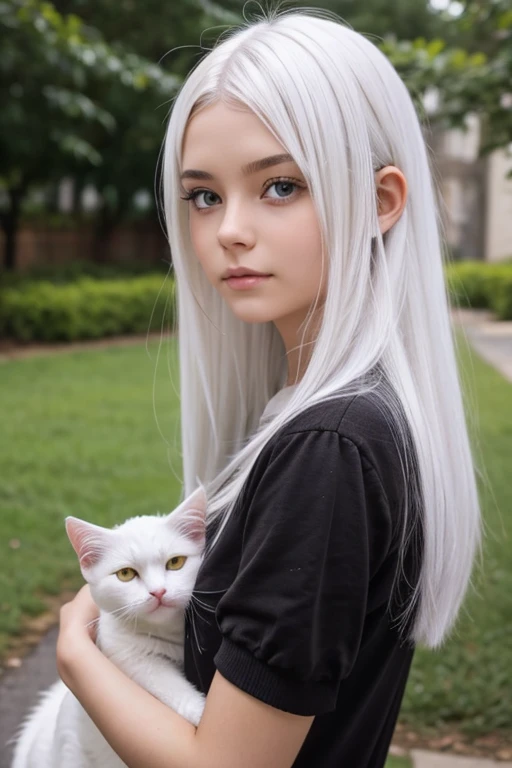 1 girl, it will be, I look at the viewer, White hair, Nothing, Cat's ears, cat tail, White shirt, open clothes, Russian city, ba-broad