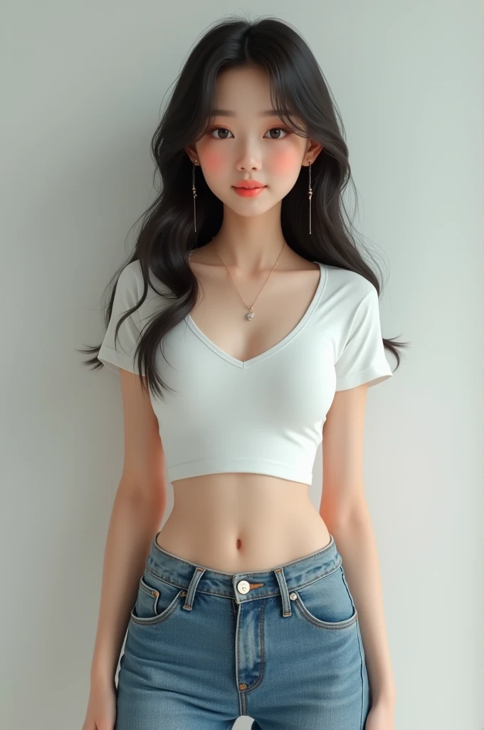 Korean girl wearing a t shirt and jeans cover half of the belly button and cleavage