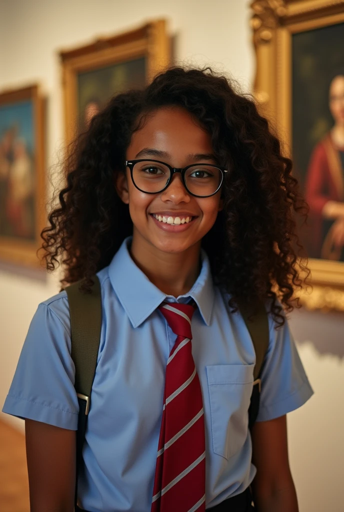 A 16-year-old Brazilian girl in a museum, wearing a school uniform, with glasses and dark, curly hair, skin black