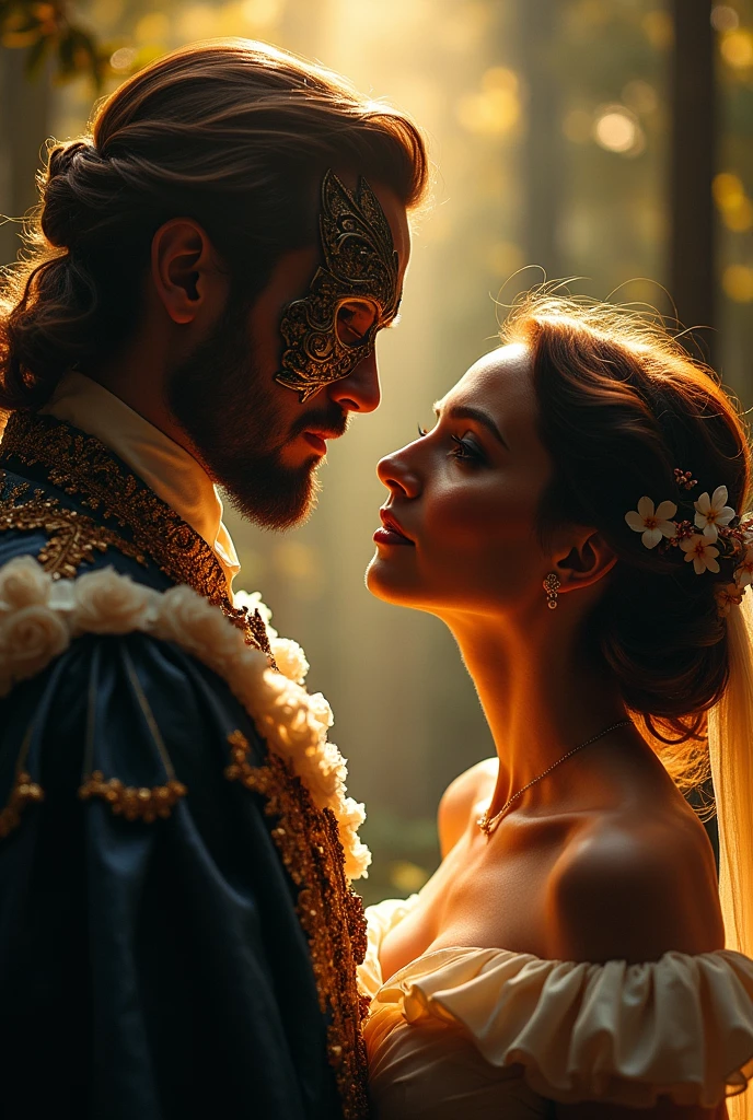 
Description: period romance inspired by the tale of beauty and the beast. male character: a duke who suffered an accident and had part of his face and body burned.
female character: a woman who needs to get married to get rid of her family Visual elements: a couple in the spotlight, man with mask covering part of his face and woman with Latin features. A forest in the background and elements that refer to fire Design style: classic predominant colors: neutral and warm
