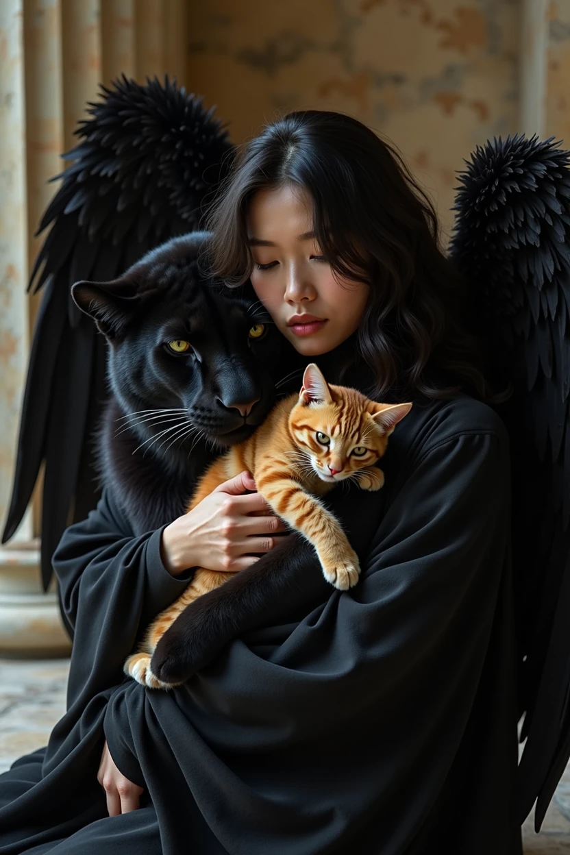 a intense kindness Asian thai woman 29yo.,wavy mullet hair, enigmatic, is dressed as a Greek-Roman angel with pitch-black wings, exuding power and awe. sHe laying in hug of a massive strong black panther that moves with silent grace. In her arms, creating a tender contrast against the dark roman architecture backdrop, highlights the juxtaposition of the imposing panther and she hug a chubby orange cat, blending power with tenderness and mystery