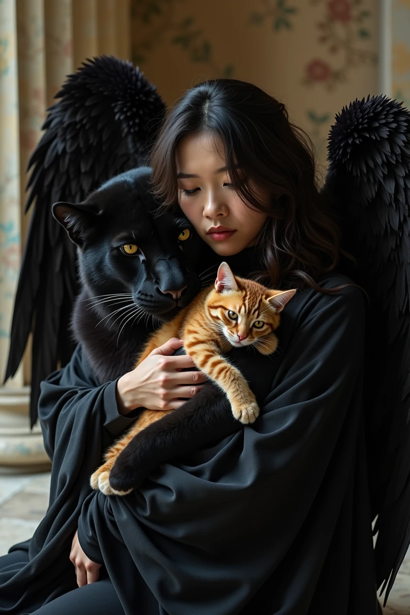a intense kindness Asian thai woman 29yo.,wavy mullet hair, enigmatic, is dressed as a Greek-Roman angel with pitch-black wings, exuding power and awe. sHe laying in hug of a massive strong black panther that moves with silent grace. In her arms, creating a tender contrast against the dark roman architecture backdrop, highlights the juxtaposition of the imposing panther and she hug a chubby orange cat, blending power with tenderness and mystery