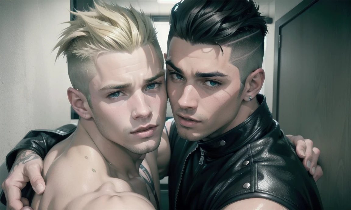 [((highly detailed, detailed eyes, detailed face, clear and realistic facial features, photorealistic, realistic light, cinematic)), Austin is an handsome masculine intimidating 18-year-old Puerto Rican punk with blue-green eyes who wears a tough leather outfit and has hair that is shaved at the sides and tinted red on top, James is a sexy masculine confident 18-year-old Caucasian jock with brown eyes who wears a varsity jacket and has blond hair in an undercut, Austin and James stand in a school hallway leaning in and looking at each other with tension between them, ((touching each other))]