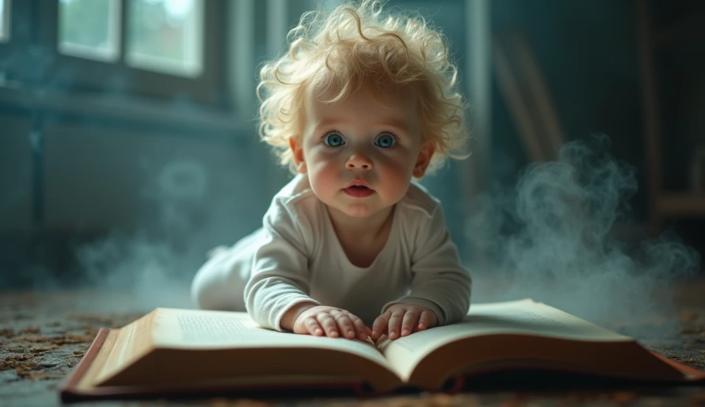 Image of a  with blue eyes and blonde hair on top of a book with a hospital in the background , hyper realistic full frame image with cinematic smoke and light shadows 