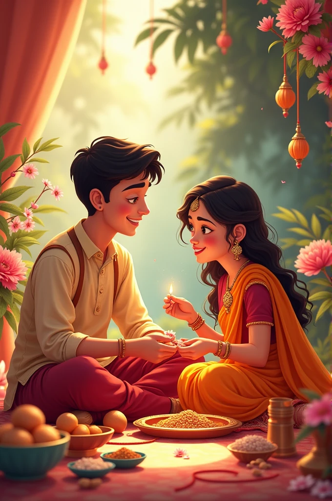 Consider depicting the festival of Raksha Bandhan. Illustrate a heartwarming scene where a brother and sister are exchanging the Rakhi (a decorative thread) and gifts. Show the sister tying the Rakhi on her brother’s wrist while he smiles warmly, and add festive decorations like colorful sweets, flowers, and traditional items like pooja thalis. This idea captures the essence of the sibling bond and the cultural significance of the festival.