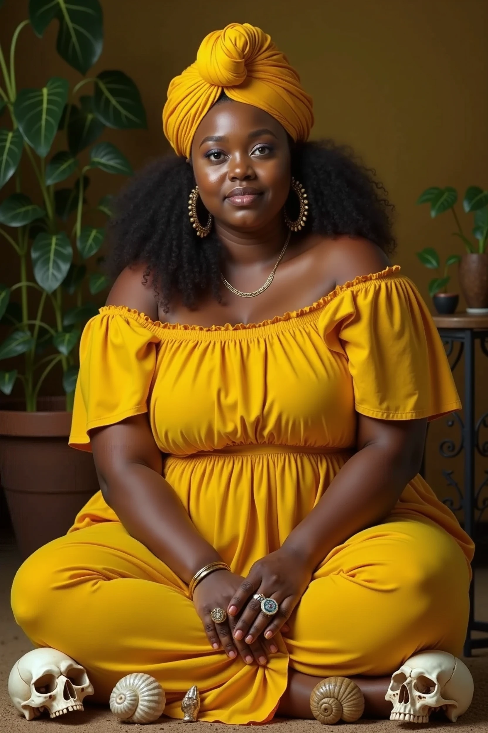 Lady between 30 and 35 years old, clear skin, sitting, chubby girl in a yellow dress, with Cuban ancestry, and yellow turban, with rings and snail shells in hand, and with skulls at the feet.
