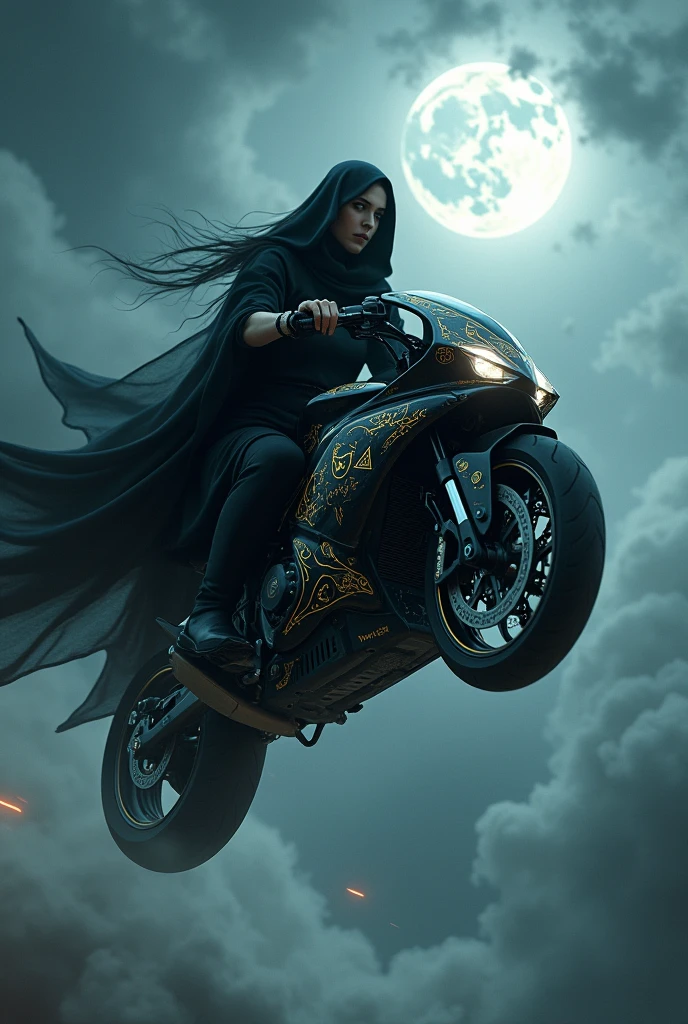 A witch riding a motorcycle